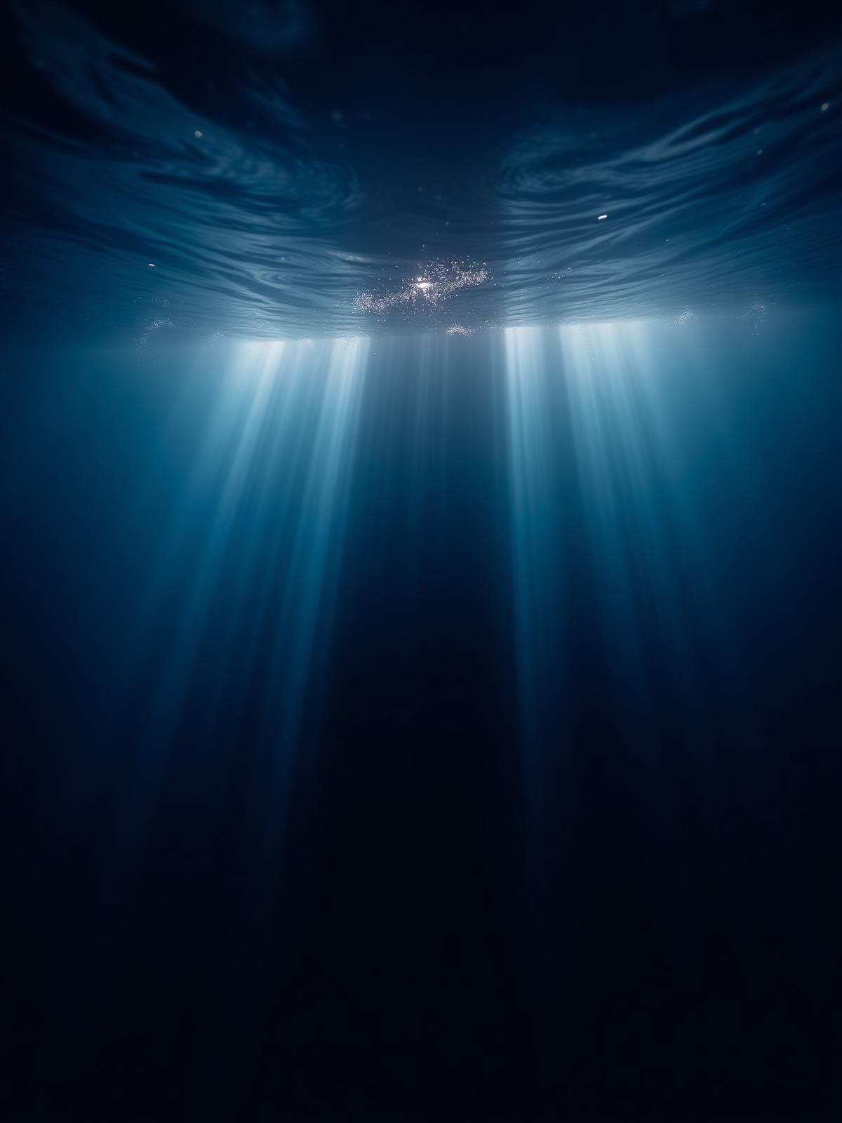Shafts of light descending into deep ocean water