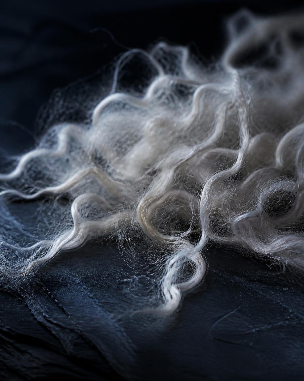 Macro detail of raw ultrafine merino wool fibre